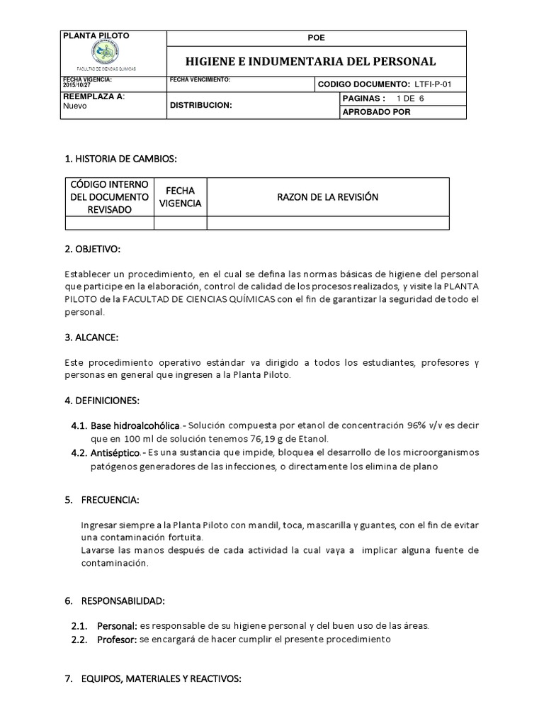 Poe de Higiene Del Personal | PDF | Lavado de manos | Salud pública