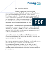 Comunicado Primera ARS de Humano 28-4-19