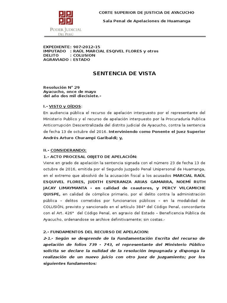Sentencia de Vista Exp. 907-2012-15 | PDF | Ley procesal | Derecho penal