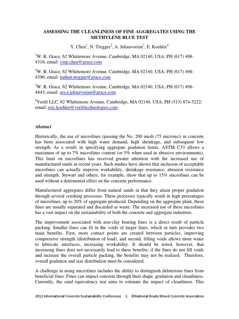 Assessing The Cleanliness of Fine Aggregates Using The Methylene Blue ...