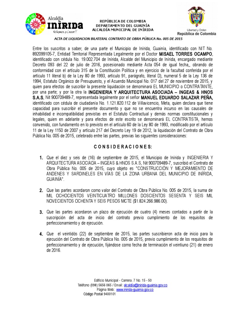 Acta De Liquidacion Bilateral Contrato De Obra 005 De 2015 Pdf
