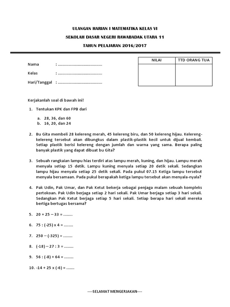 Ulangan Harian I Matematika Kelas Vi