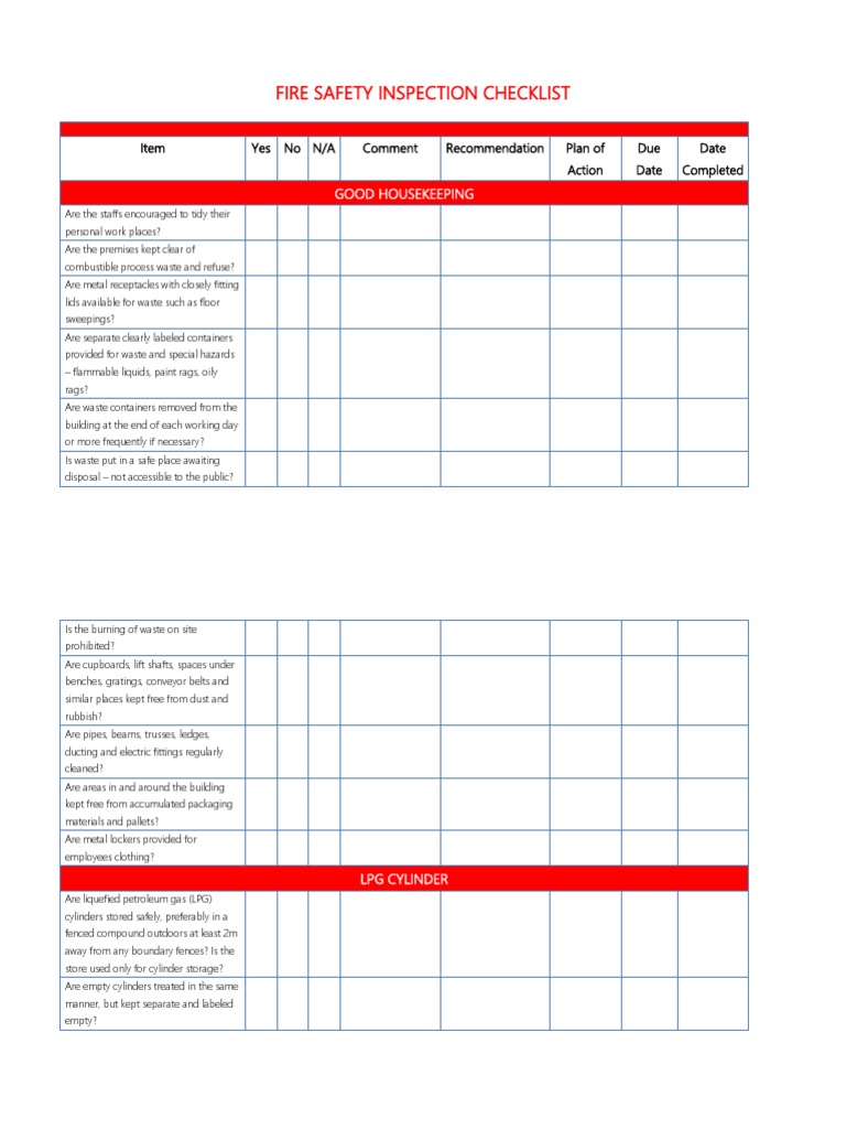 Fire Safety Inspection Checklist Fire Safety Fires