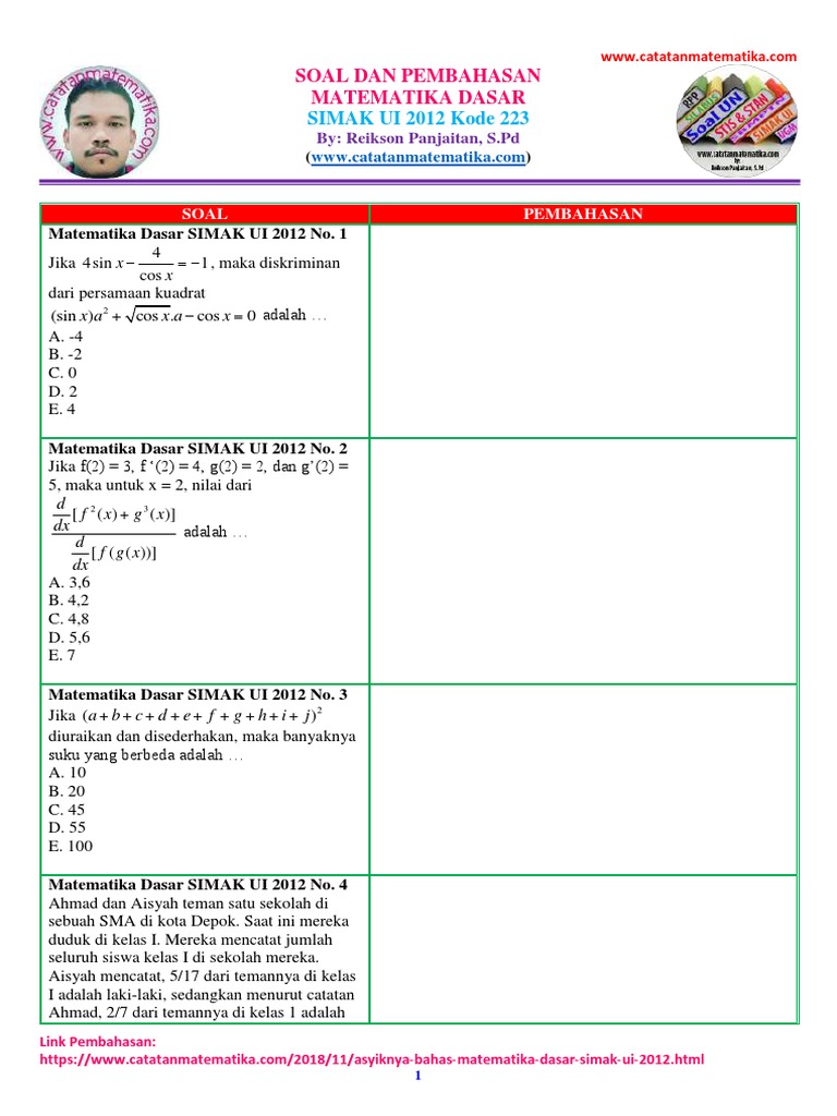 Soal Matematika Dasar Simak Ui 2012 Kode 223