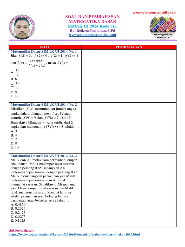 Soal Matematika Dasar Simak Ui 2014 Kode 511 Www