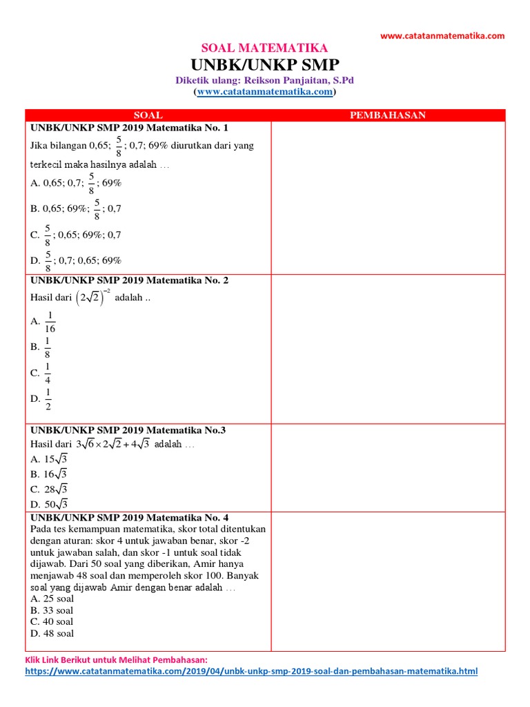 Soal Matematika UNBK UNKP SMP Tahun 2020 Soal Matematika UNBK UNKP SMP Tahun 2020