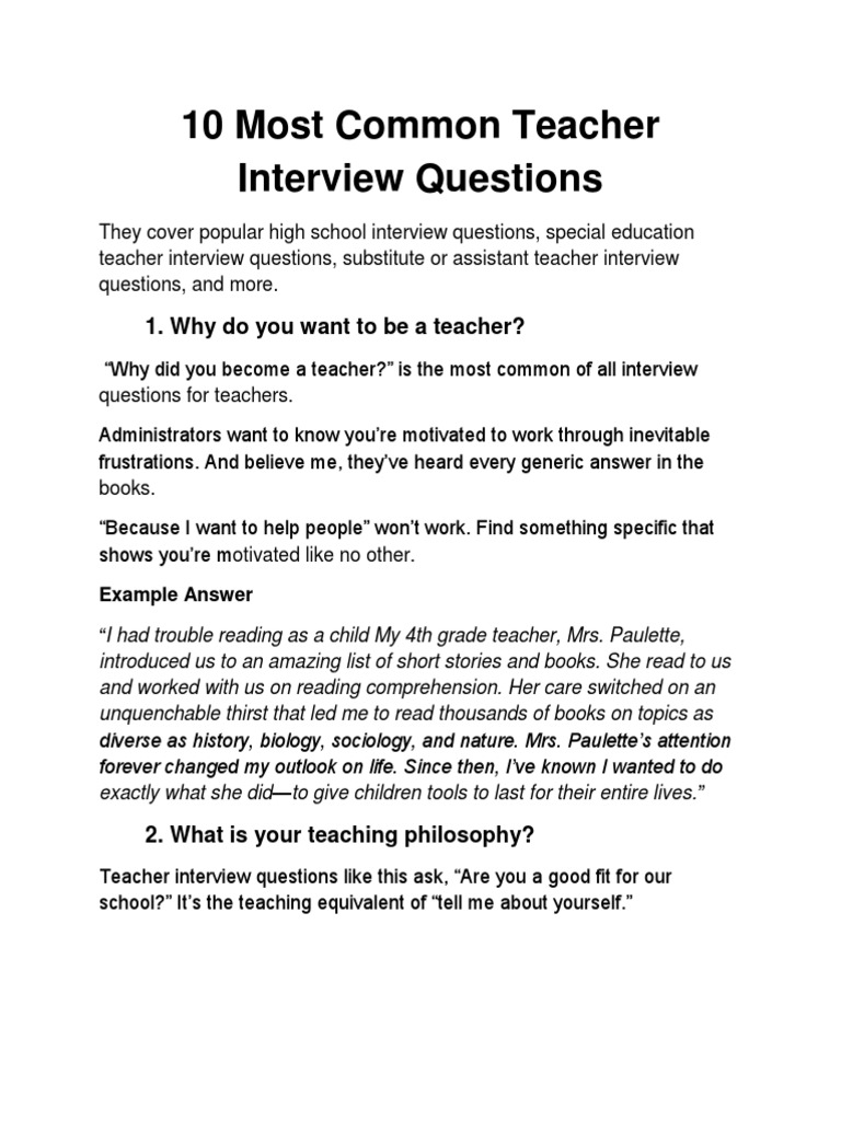 10 Most Common Teacher Interview Questions | PDF | Interview ...