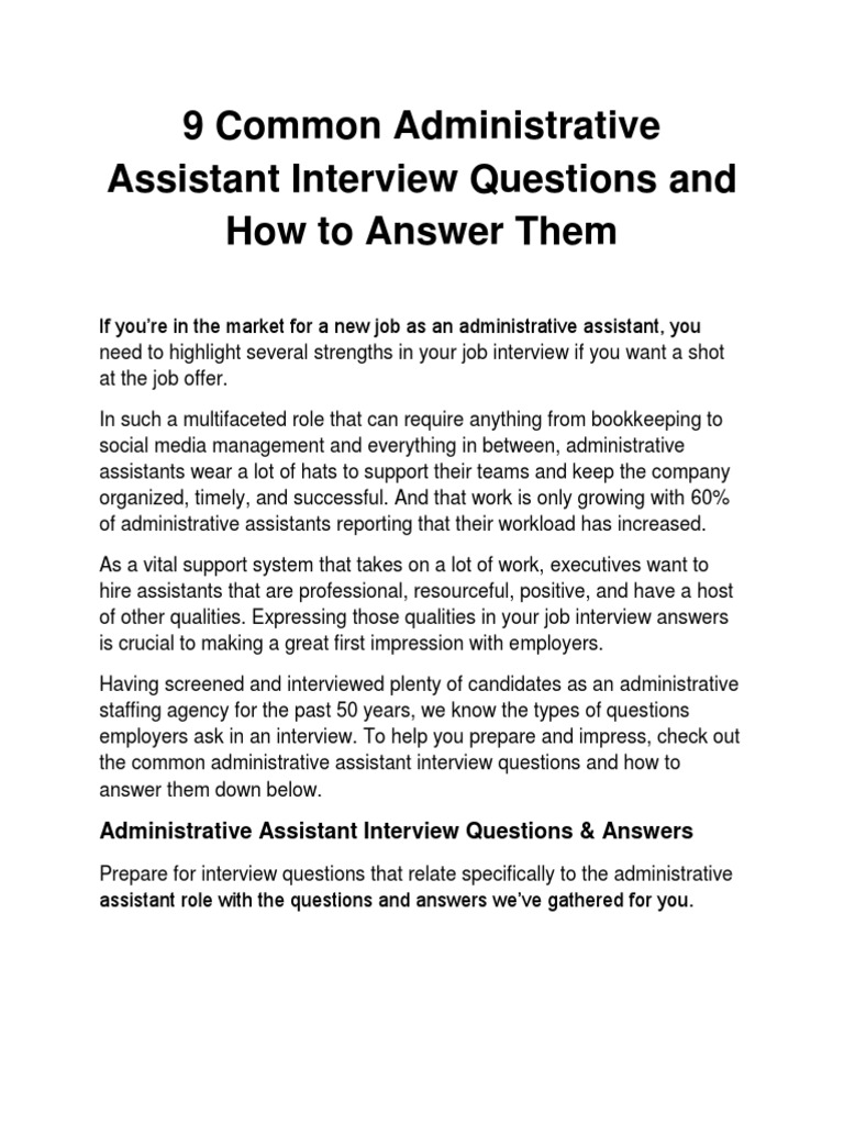 9 Common Administrative Assistant Interview Questions and Answers PDF