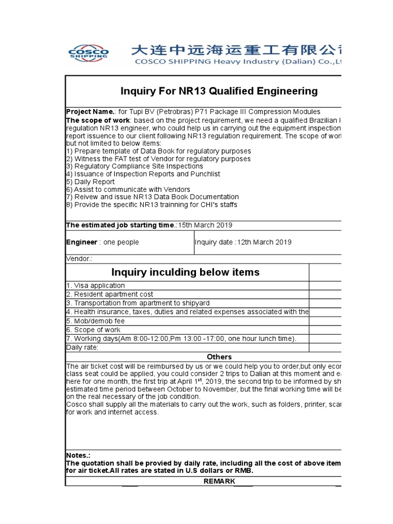 NR13 Engineering Inquiry for Petrobras Project | PDF