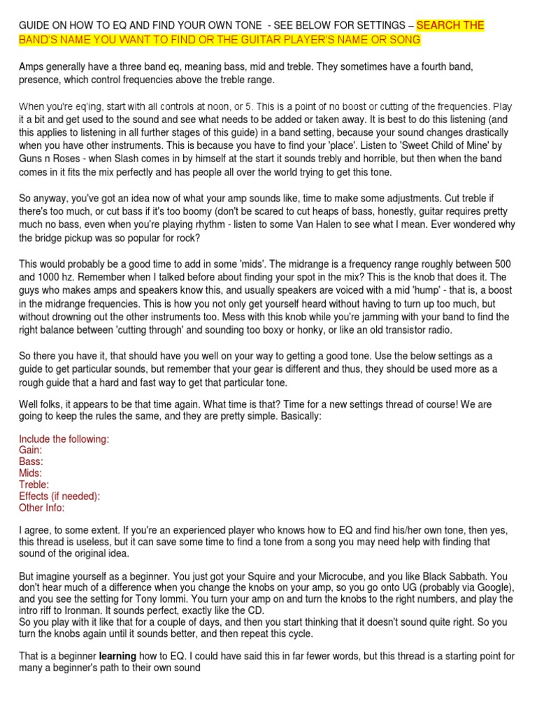 Tube Amp Settings November 2012 PDF Equalization (Audio) Bass Guitar