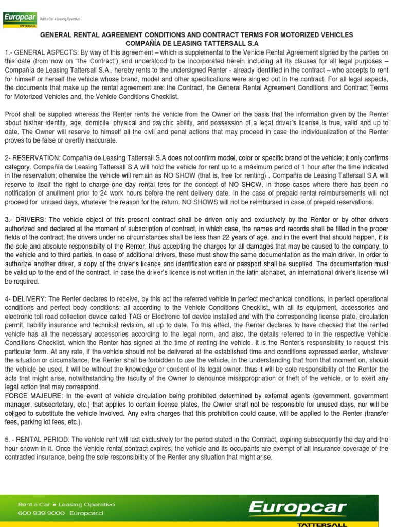 Motor Vehicle Rental Agreement Terms | PDF | Deductible | Lease