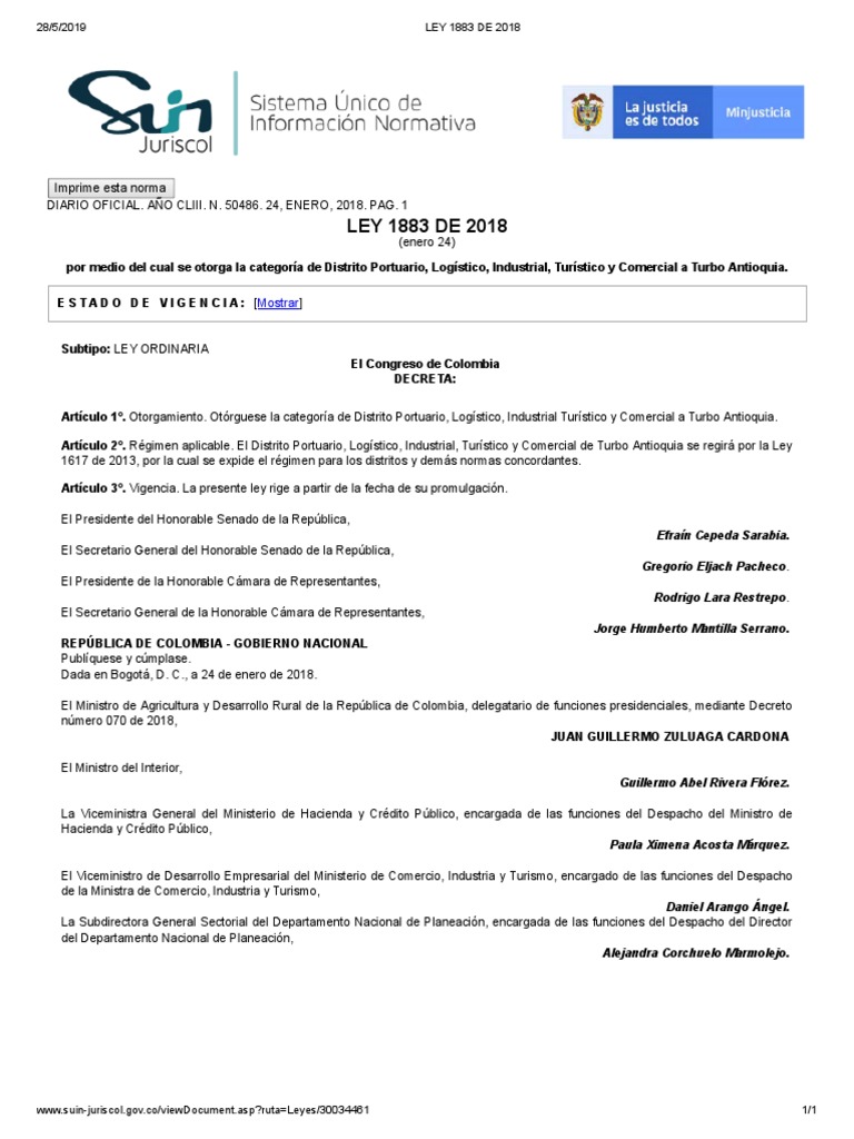 Ley 1883 de 2018 PDF Comunidad andina Colombia