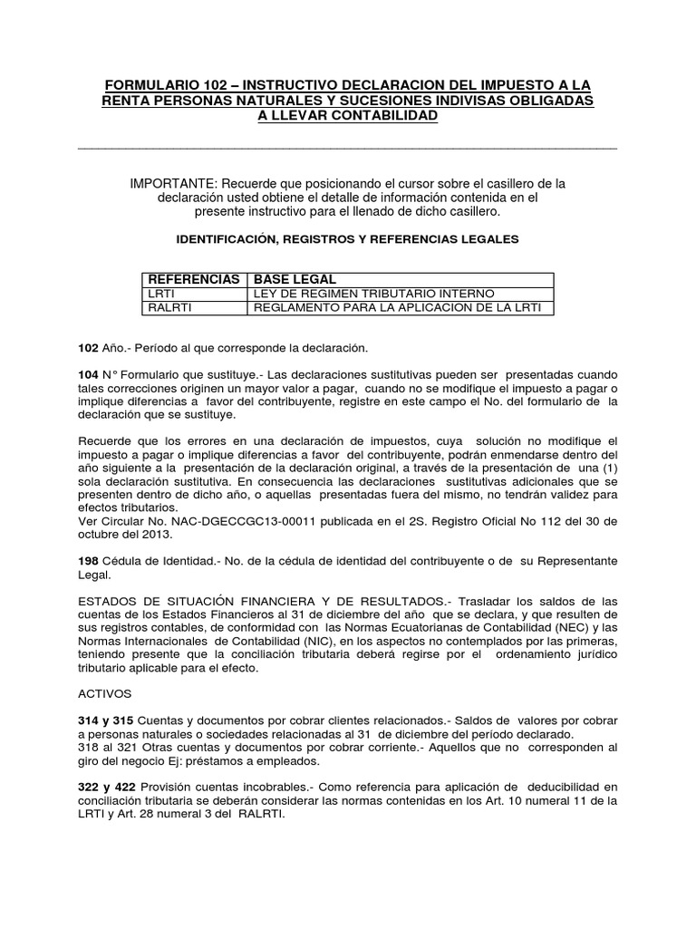 Instructivo Formulario 102 | PDF | Impuesto sobre la renta | Impuestos
