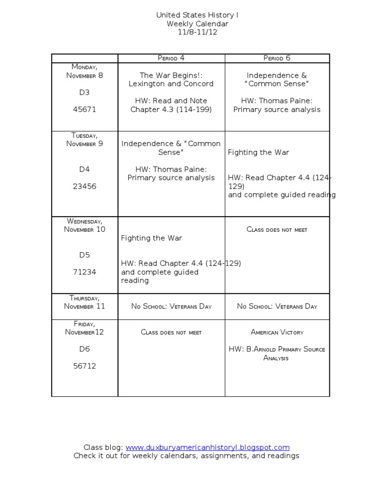 US History I Weekly Calendar: Nov 8-12 | PDF