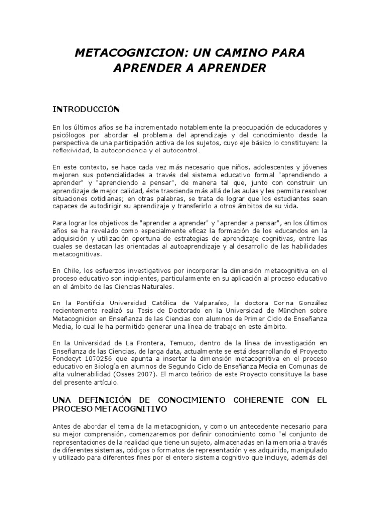 Metacognición en Educación Científica | PDF | Teoria de la mente ...