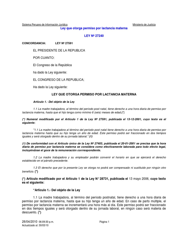 Ley 27240 PDF Estatuto Amamantamiento