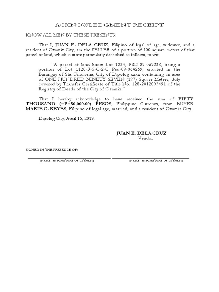 Land Sale Acknowledgment Receipt | PDF