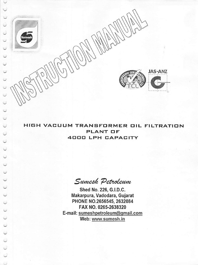 HV Transformer Oil Filtration Sumesh Instruction Manual PDF Pump