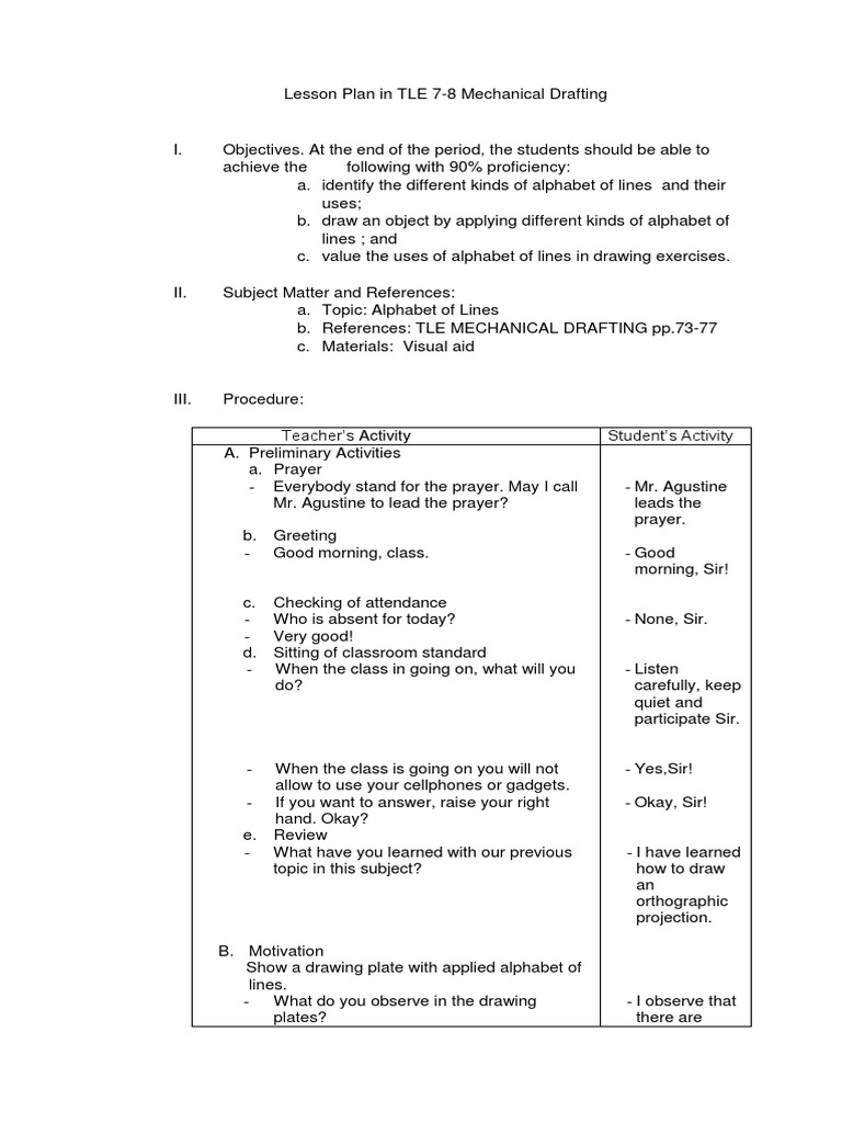 Detailed Lesson Plan in Grade 9 Drafting Alphabet of Lines PDF Drawing Lesson Plan