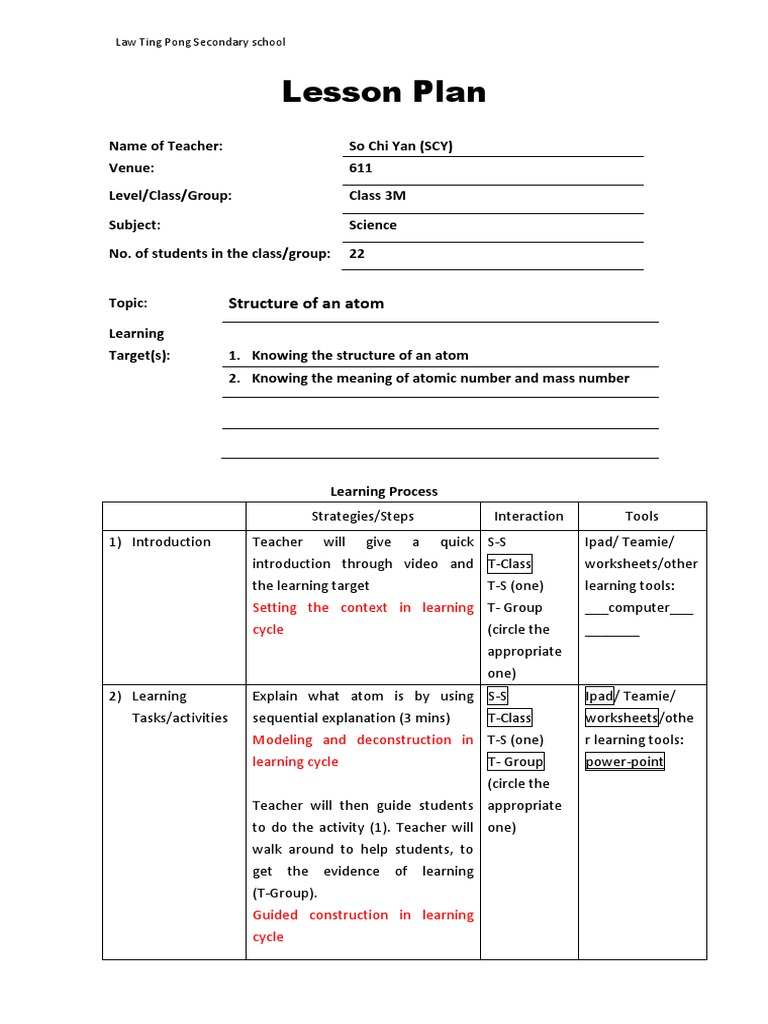 Atomic Structure Lesson Plan | PDF | Atoms | Lesson Plan