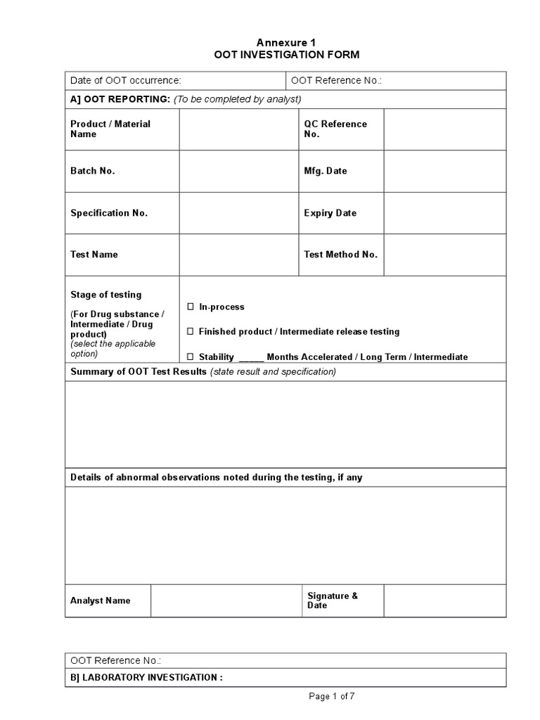 OOT Investigation Form | PDF | Gas Chromatography | Scientific Method