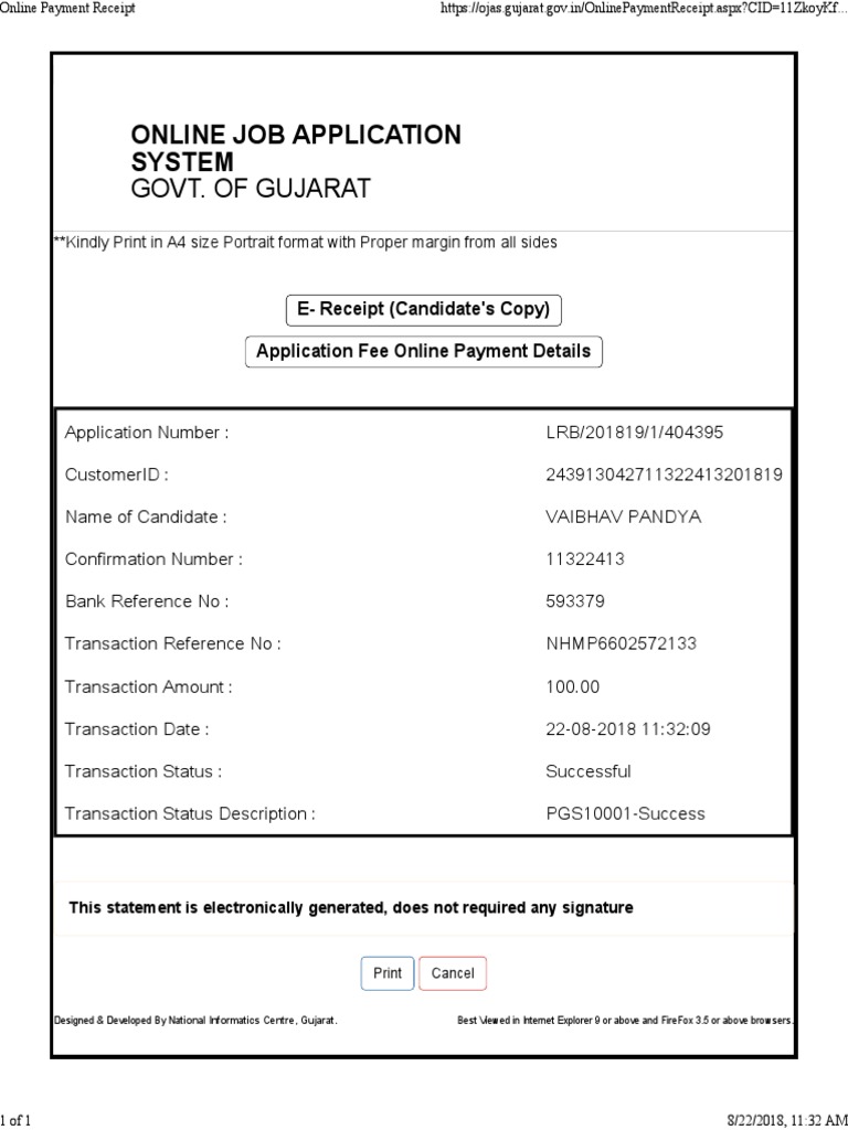 Ojas Gujarat Online Payment Receipt | PDF