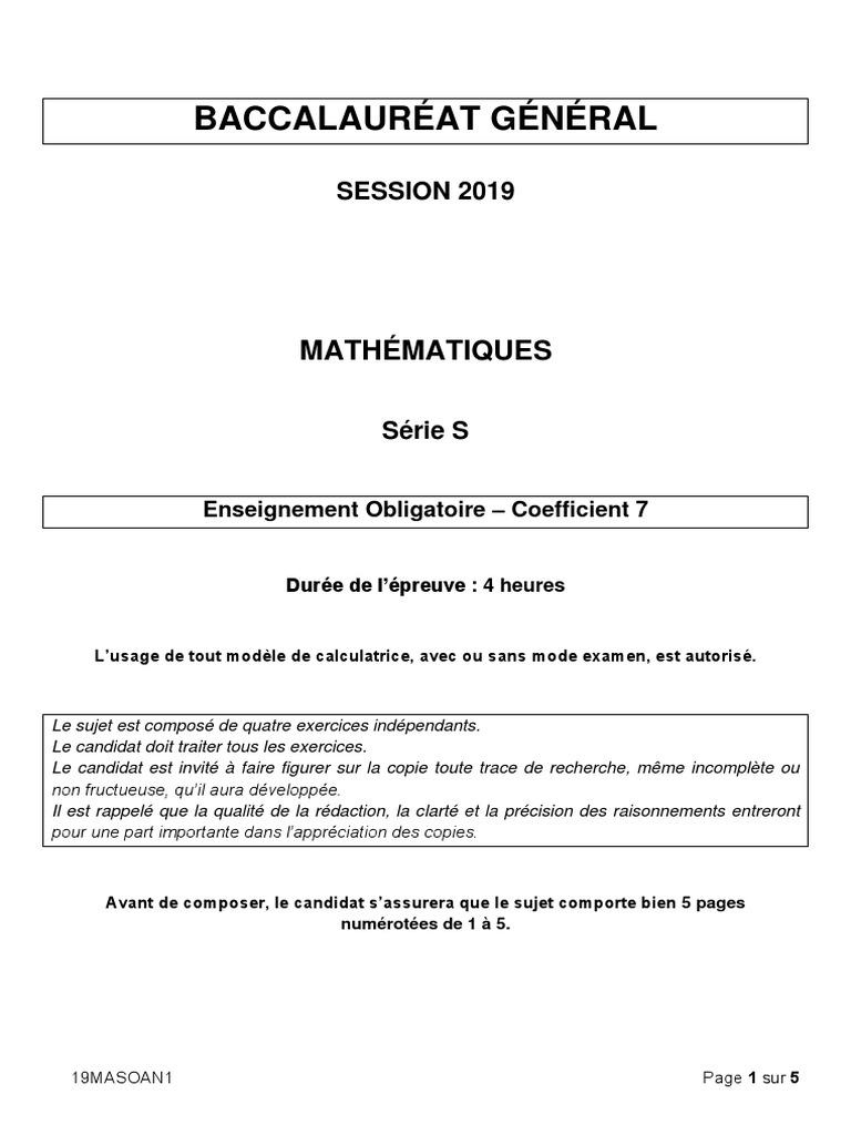 Amerique Maths S Obligatoire 2019 - 