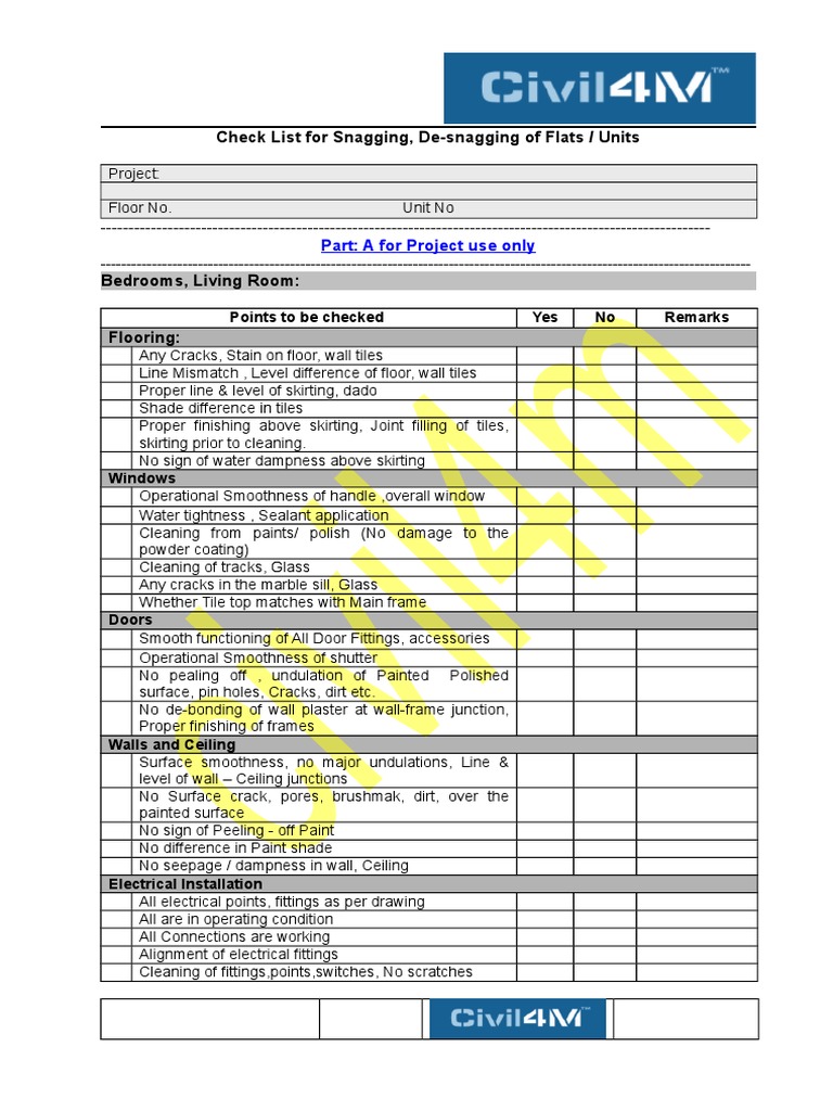 Check List For Snagging, DeSnagging of Flats / Units Part A For