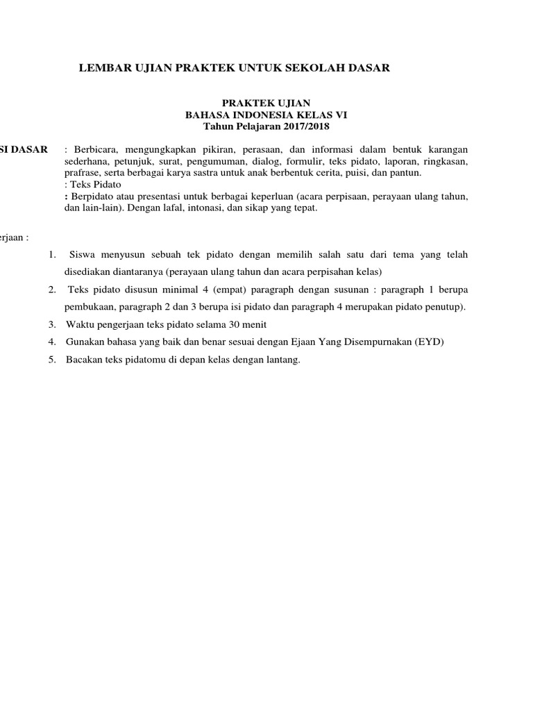 Lembar Ujian Praktek B Indo 2018