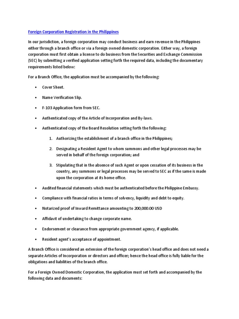Foreign Corporation Registration in The PDF Corporations Foreign