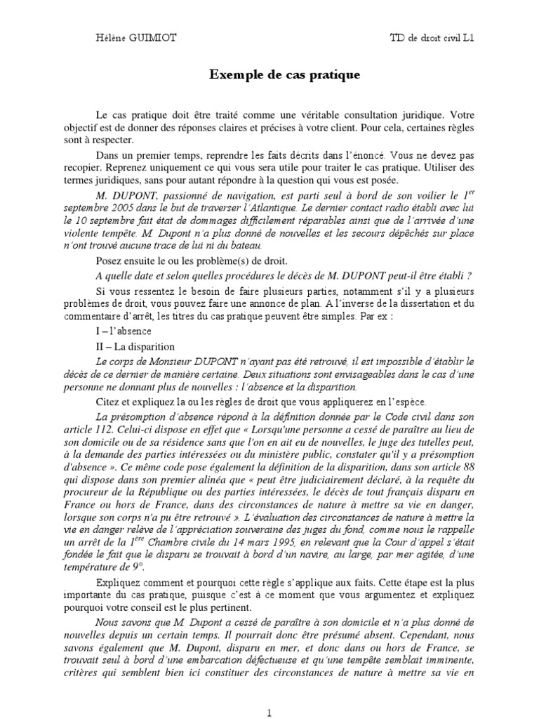 Exemple De Cas Pratique Corrigé En Droit Civil L1 Cas Pratique N°1 | PDF | France | Pouvoir judiciaire (Système de justice)