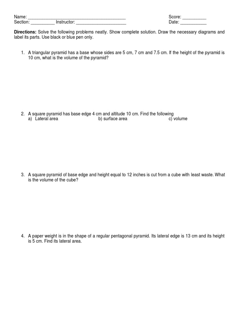 Pyramid and Cone Volume Problems | PDF | Volume | Area