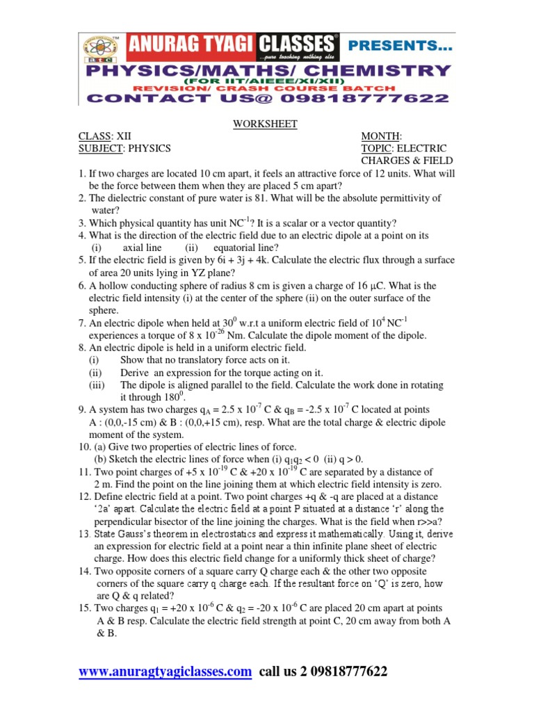 Grade 12 Electrostatics Worksheet | PDF | Electric Field | Electrostatics