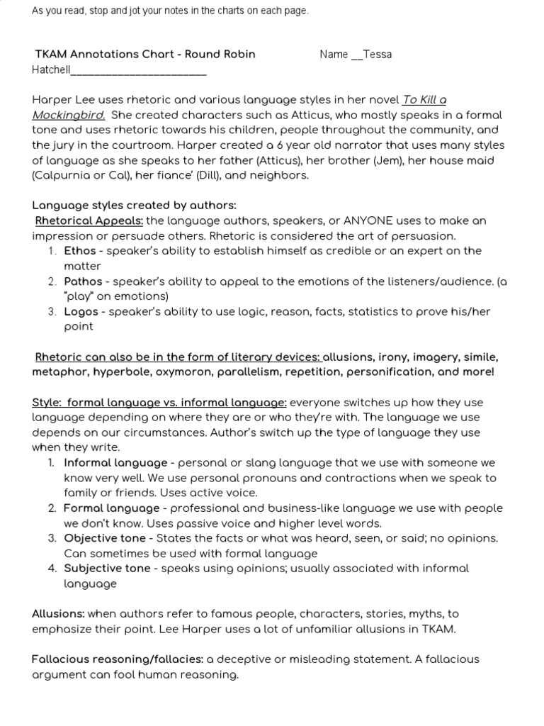 Tessa Hatchell 1 Tkam Annotations Chart PDF Rhetoric Narration