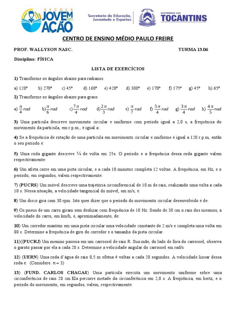 Lista de Exercícios Movimento Circular | PDF | Frequência | Velocidade