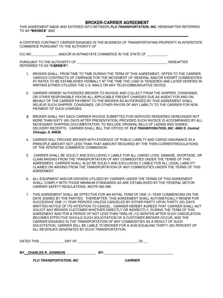 Broker Carrier Agreement PDF Cargo Broker
