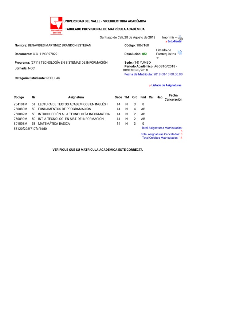 Matrícula Académica 2018 - Tecnología en Sistemas | PDF | Informática ...