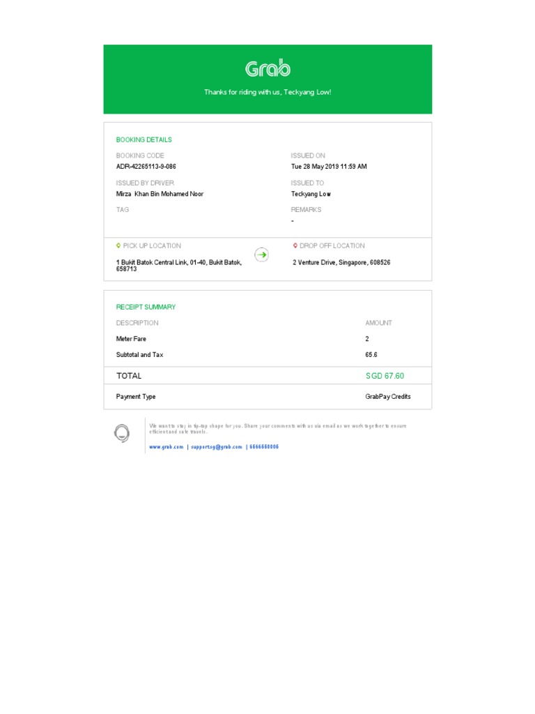 GrabPay Receipt Summary for Teckyang Low | PDF