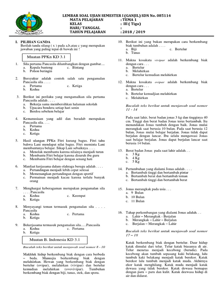 Soal Semester Kelas Iii Tema 1