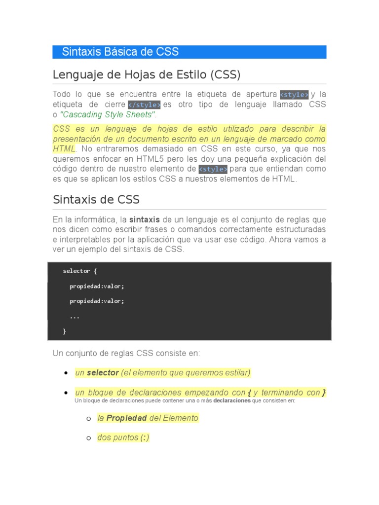Sintaxis Básica de CSS | PDF | Hojas de estilo en cascada | Ingeniería ...