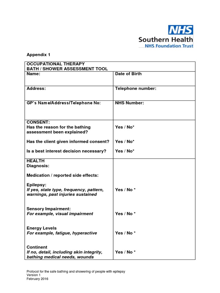 Appendix 1 Occupational Therapy BathingShowering Tool PDF Occupational Therapy Health Care