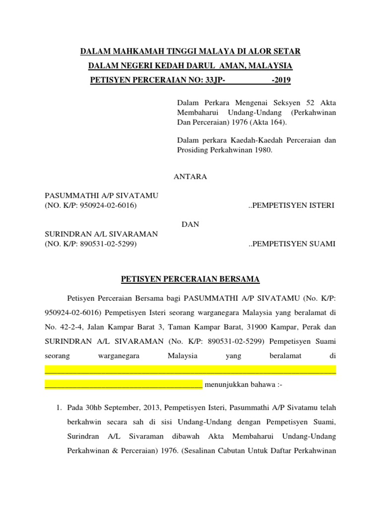 Petisyen Bercerai Persetujuan Bersama Ada Anak Pdf