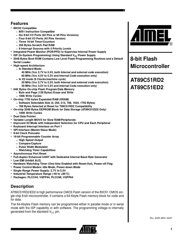 8-Bit Flash Microcontroller AT89C51RD2 AT89C51ED2: Features | PDF ...