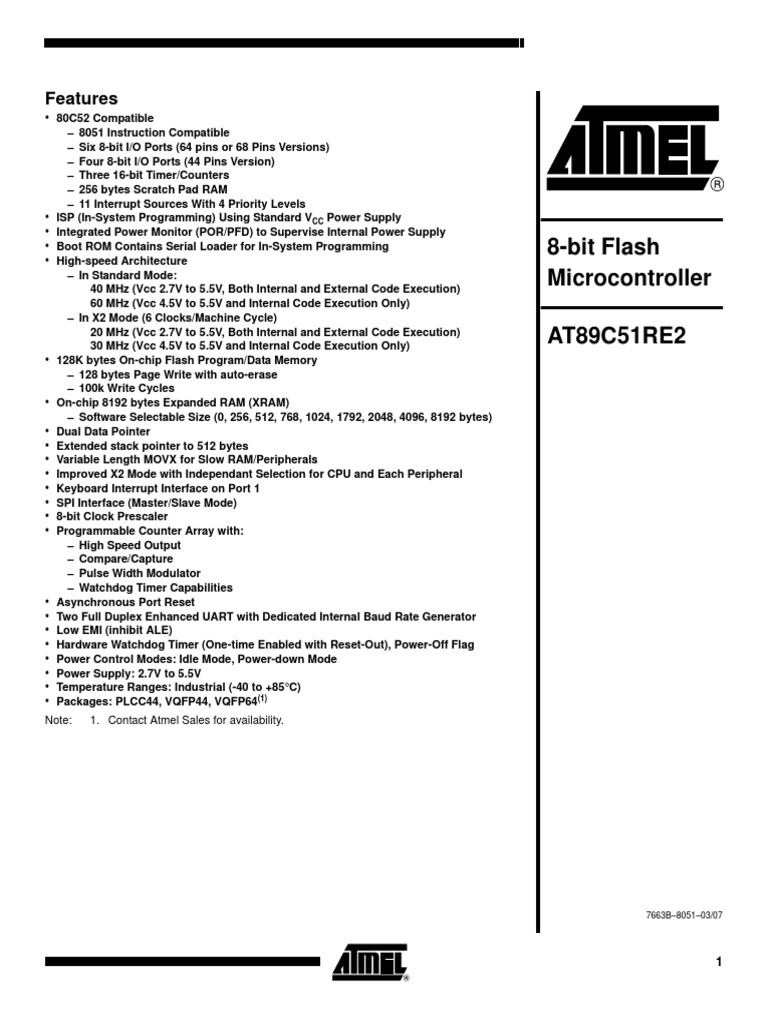 8-Bit Flash Microcontroller AT89C51RE2: Features | PDF | Computer ...