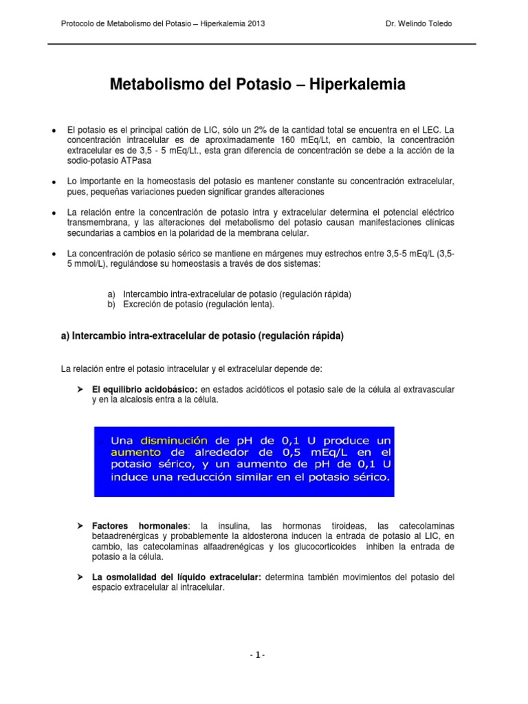Metabolismo Del Potasio - Hiperkalemia PDF | PDF | Potasio | Dieta y ...
