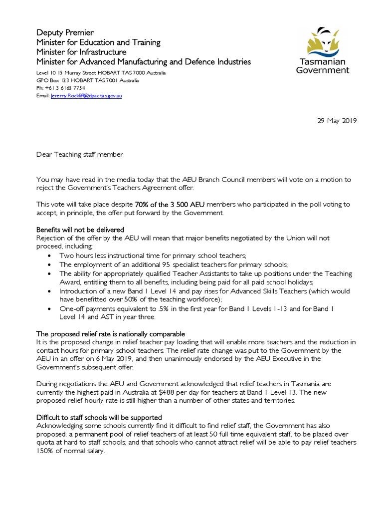 LETTER to Department of Education Staff From Minister for Education and