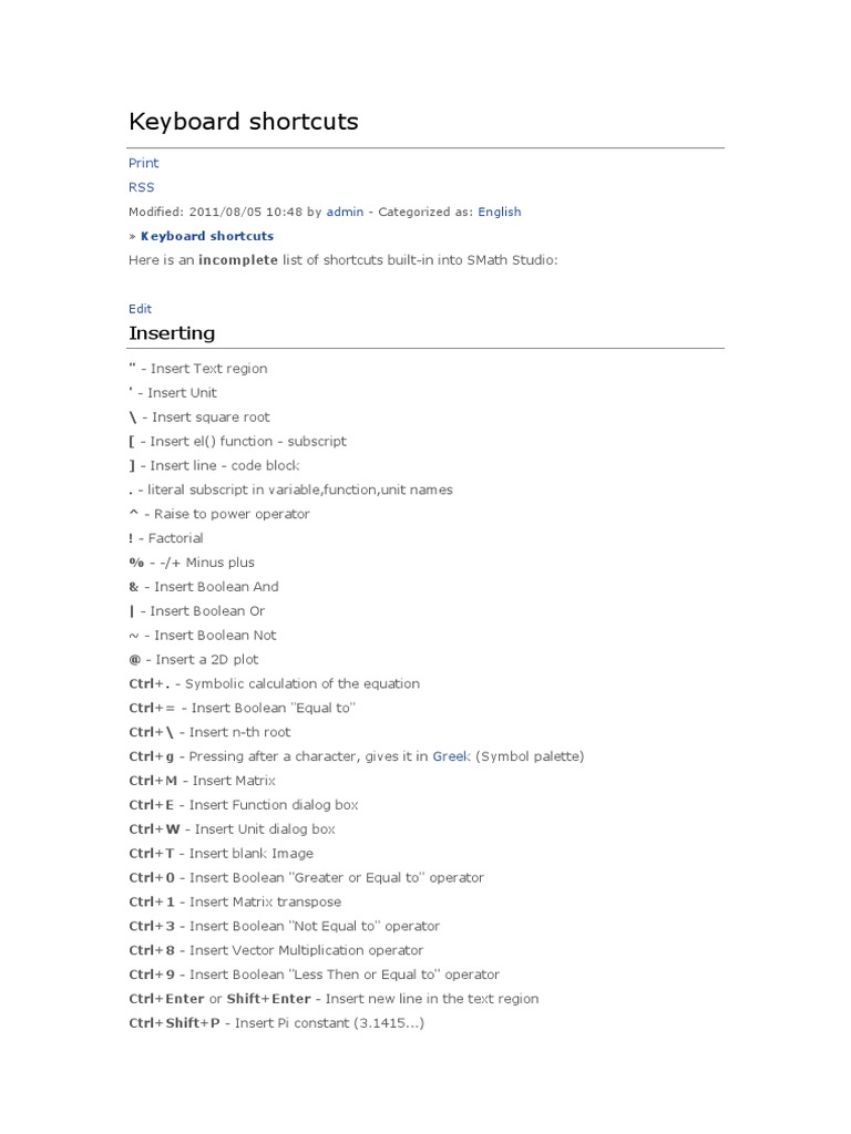 Smath Studio Keyboard Shortcuts PDF