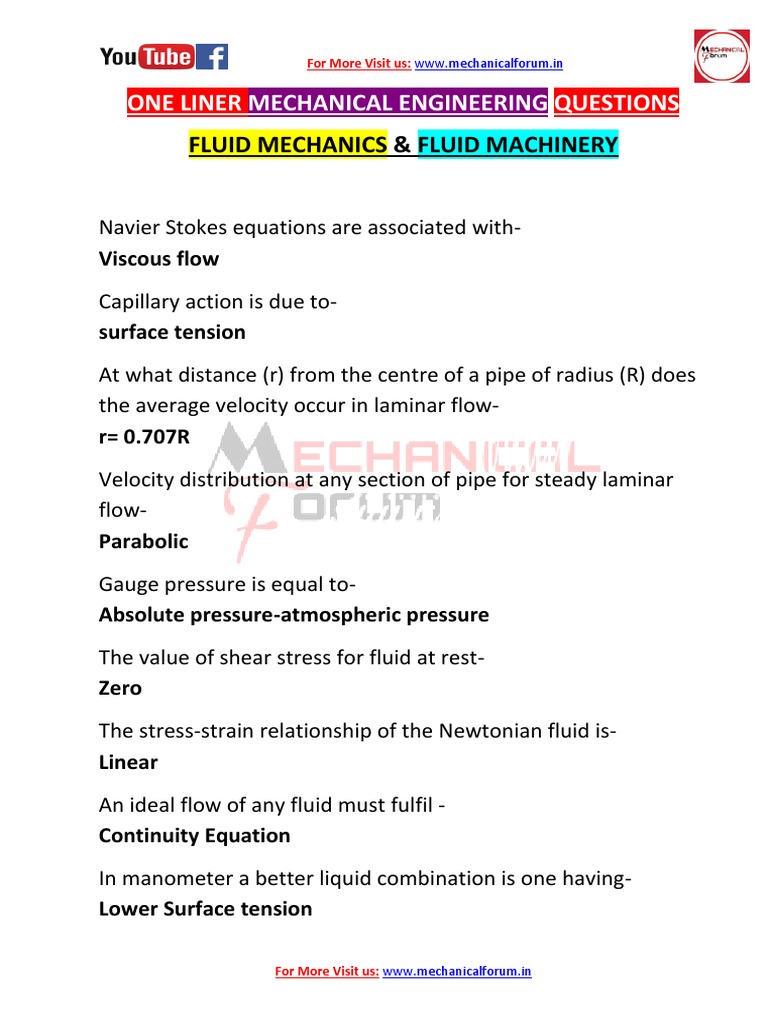 One Liner Mechanical Engineering Questions: Fluid Mechanics & Fluid ...