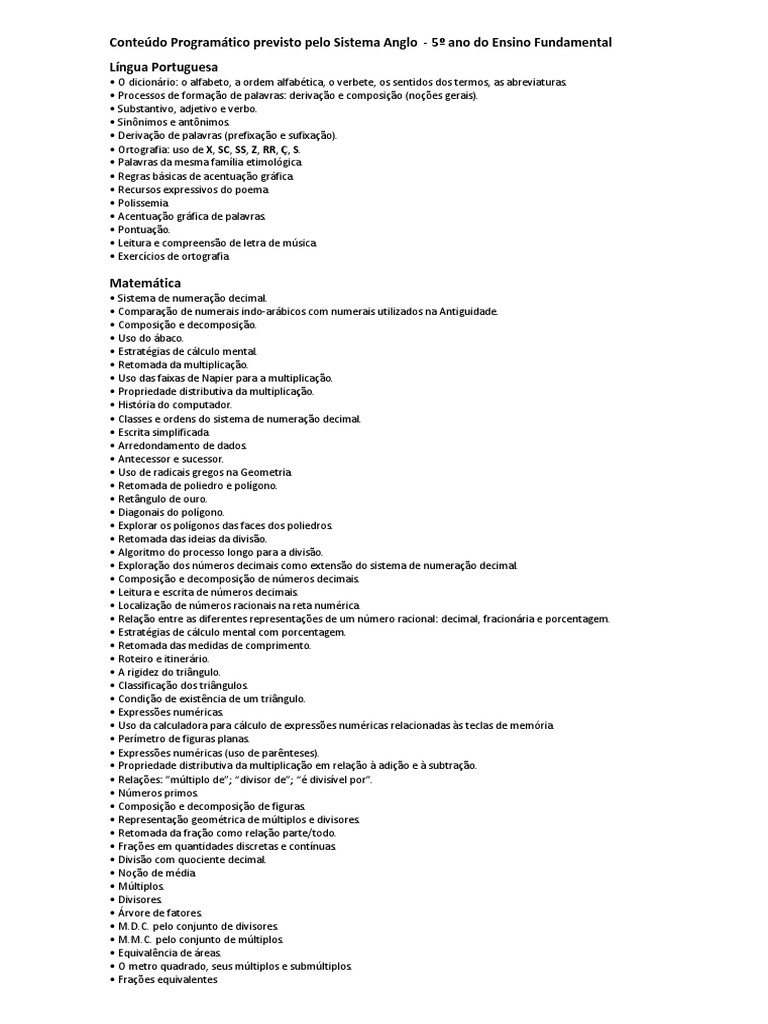 Conteudo Programatico 5ano PDF | PDF | Fração (Matemática) | Brasil