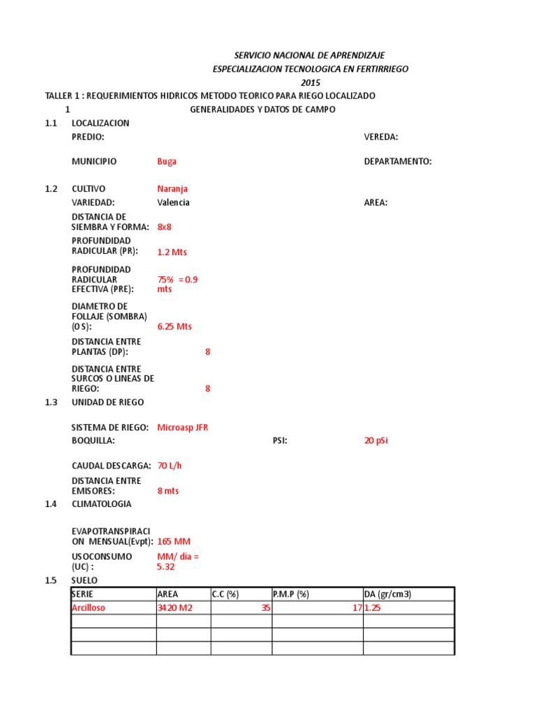 TALLER 1 (Autoguardado) | PDF | Riego | Ingeniería Química